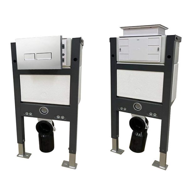 Compact Dual Flush Concealed WC Cistern with Wall Hung Frame with Square Button Chrome Flush & Modern Toilet - Image 2