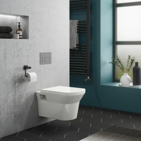 Compact Dual Flush Concealed WC Cistern with Wall Hung Frame with Square Button Chrome Flush & Modern Toilet