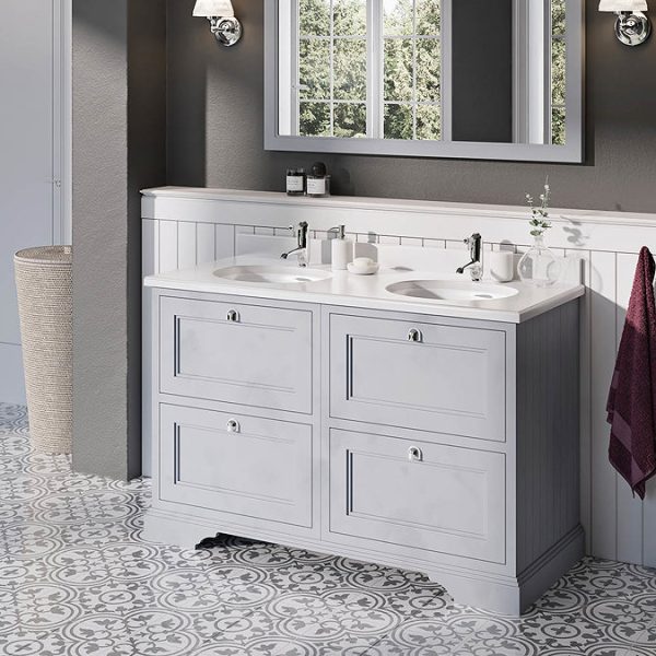 Burlington 130 4 Drawer Vanity Unit & Minerva Worktop with Double Basin   Classic Grey - Image 2