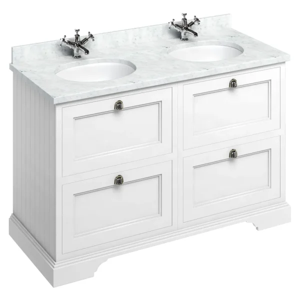 Burlington 130 4 Drawer Vanity Unit & Minerva Worktop with Double Basin   Matt White
