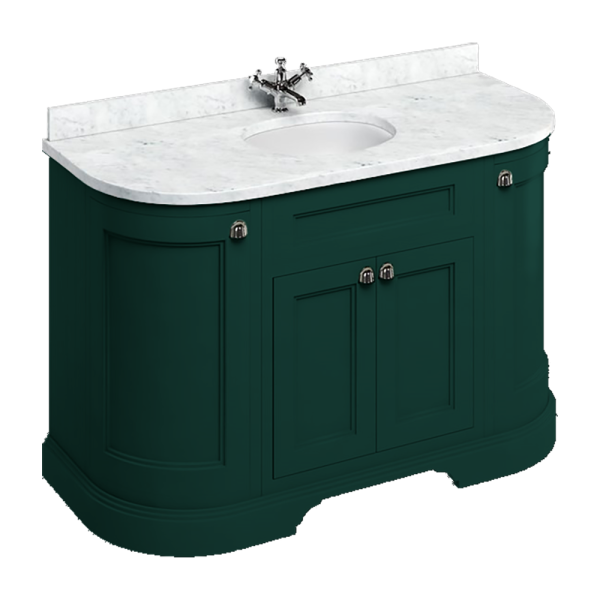 Burlington 134 4 Door Curved Vanity Unit & Minerva Carrara White Worktop with Basin   Matt Green
