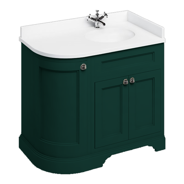 Burlington Floor Standing Corner Vanity Unit   Matt Green   Right Hand 1000mm with Minerva White Worktop