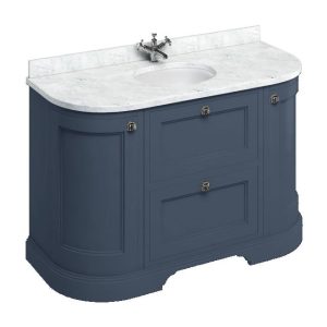 Burlington 134 2 Door/Drawer Curved Vanity Unit & Minerva Carrara White Worktop with Basin   Blue
