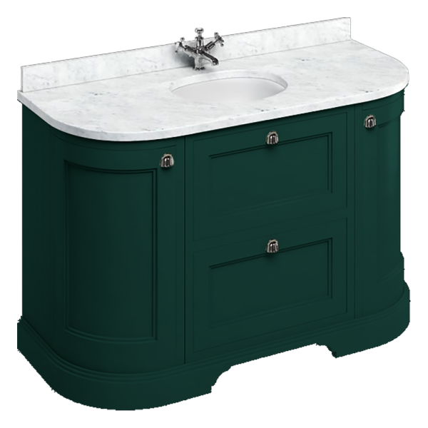 Burlington 134 2 Door/Drawer Curved Vanity Unit & Minerva Carrara White Worktop with Basin   Matt Green