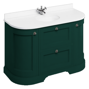 Burlington 134 2 Door/Drawer Curved Vanity Unit & Minerva White Worktop with Basin   Matt Green