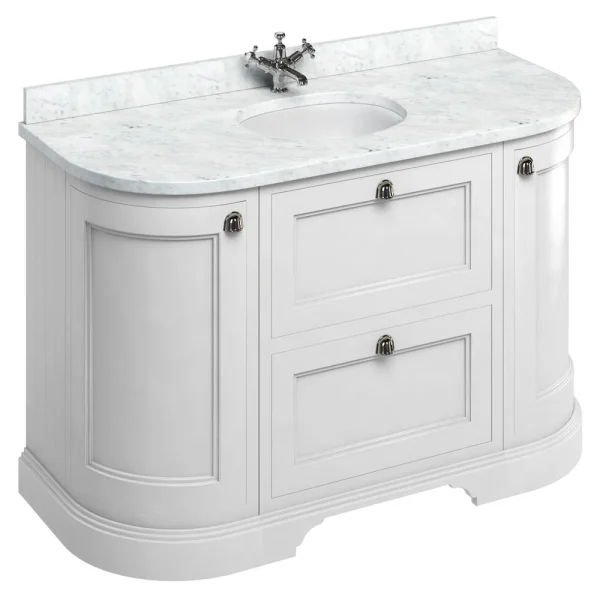 Burlington 134 2 Door/Drawer Curved Vanity Unit & Minerva Worktop with Basin   Matt White