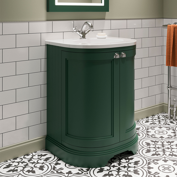Burlington Matt Green 650mm Freestanding Curved Vanity Unit & White Worktop