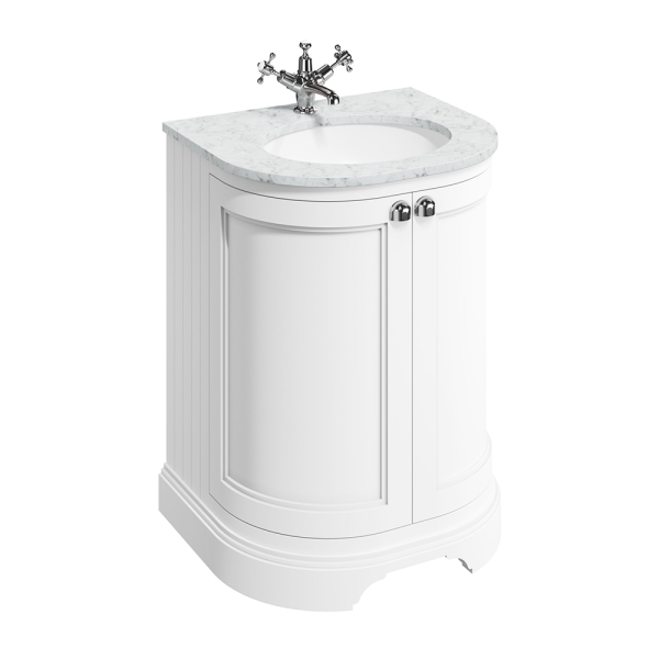 Burlington Matt White 650mm Freestanding Curved Vanity Unit & Carrara Worktop