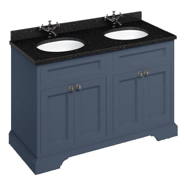 Burlington 130 4 Door Vanity Unit & Minerva Black Granite Worktop with Double Basin   Blue