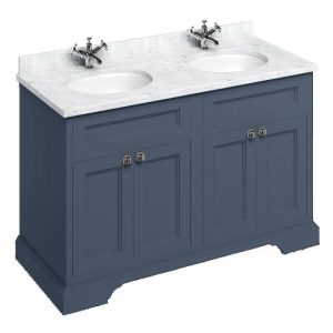 Burlington 130 4 Door Vanity Unit & Minerva Carrara White Worktop with Double Basin   Blue