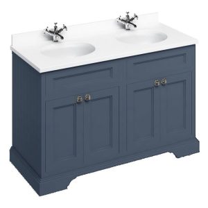 Burlington 130 4 Door Vanity Unit & Minerva White Worktop with Double Basin   Blue
