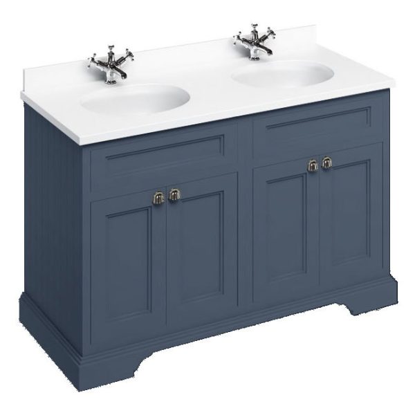 Burlington 130 4 Door Vanity Unit & Minerva White Worktop with Double Basin   Blue