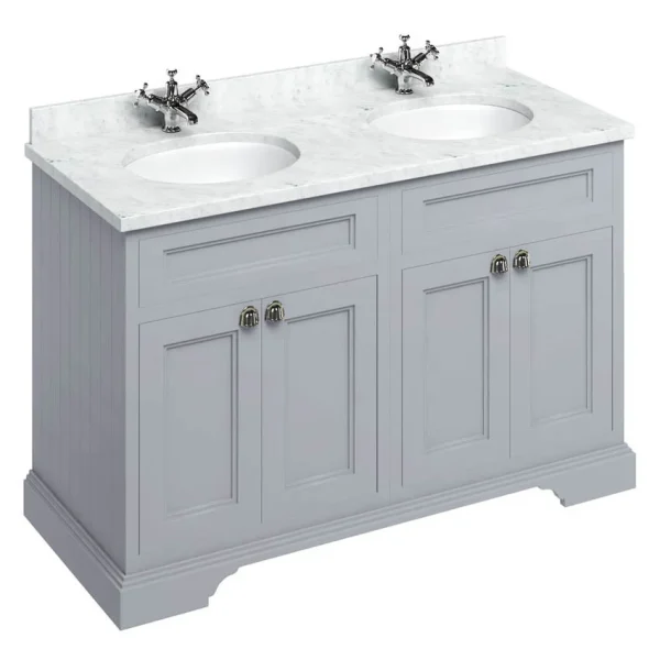 Burlington 130 4 Door Vanity Unit & Minerva Worktop with Double Basin   Classic Grey
