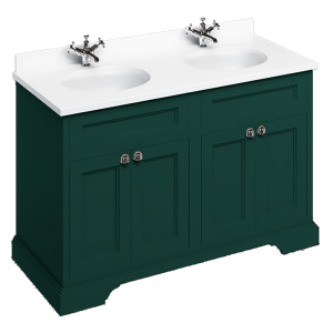 Burlington 130 4 Door Vanity Unit & Minerva White Worktop with Double Basin   Matt Green