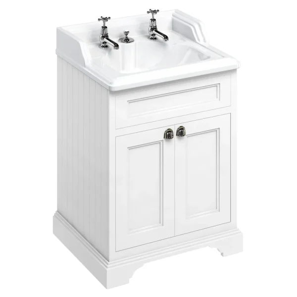 Burlington 65 2 Door Vanity Unit & Classic Invisible Overflow/Waste Basin (Matt White   2 Tap Hole)