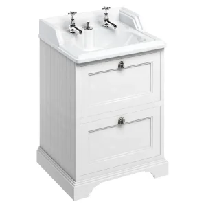 Burlington 65 2 Drawer Vanity Unit & Classic Invisible Overflow/Waste Basin (Matt White   2 Tap Hole)