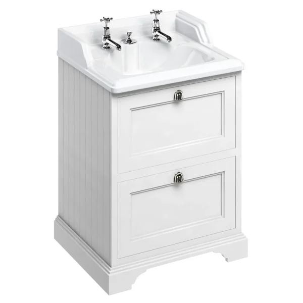 Burlington 65 2 Drawer Vanity Unit & Classic Invisible Overflow/Waste Basin (Matt White   2 Tap Hole)