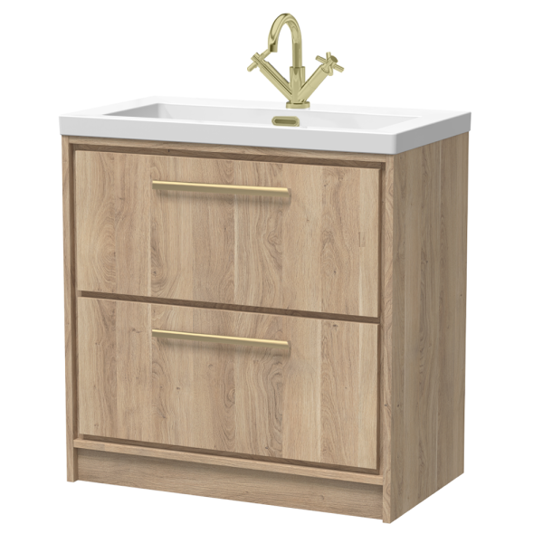Arezzo Moda 800mm Rustic Oak Floor Standing 2 Drawer Vanity Unit with Brushed Brass Handles