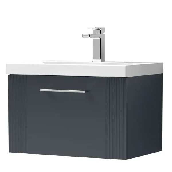 Roxbury Deco Fluted 600mm Anthracite Grey Vanity Unit   Wall Hung 1 Drawer Unit & Chrome Handle