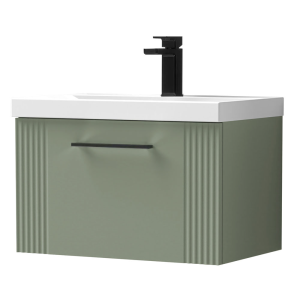 Roxbury Deco Fluted 600mm Green Vanity Unit   Wall Hung 1 Drawer Unit & Matt Black Handle