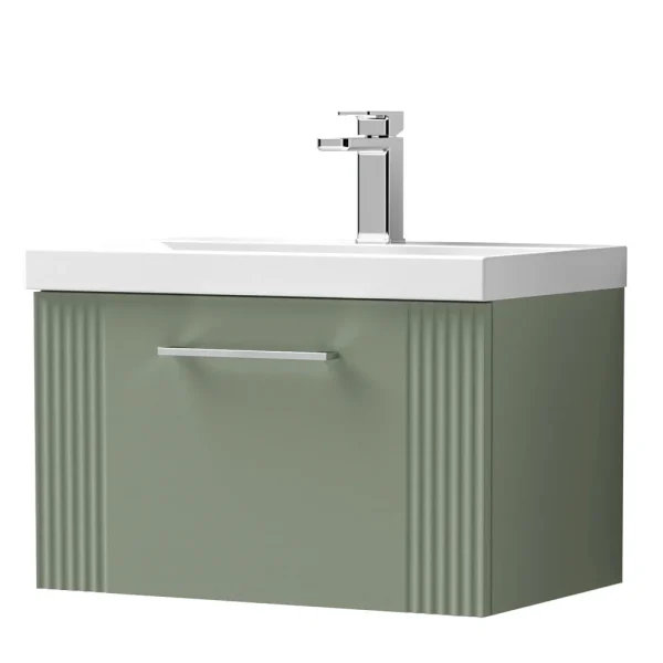 Roxbury Deco Fluted 600mm Green Vanity Unit   Wall Hung 1 Drawer Unit & Chrome Handle