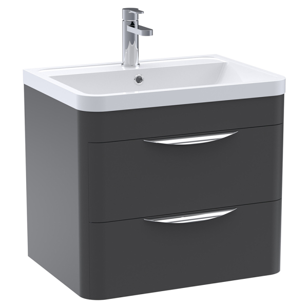 Monza 600mm Wall Hung 2 Drawer Vanity Unit with Chrome Handles   Soft Black