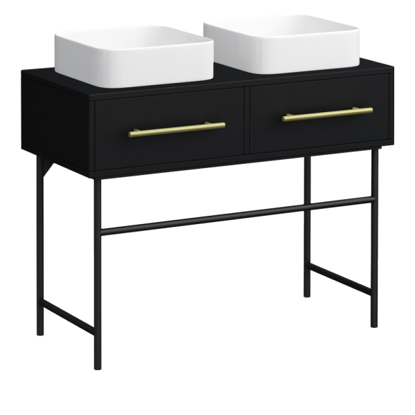 Gatsby Matt Black 1000 2 Drawer Countertop Vanity Unit with Brushed Brass Handles & 2 Square Basins