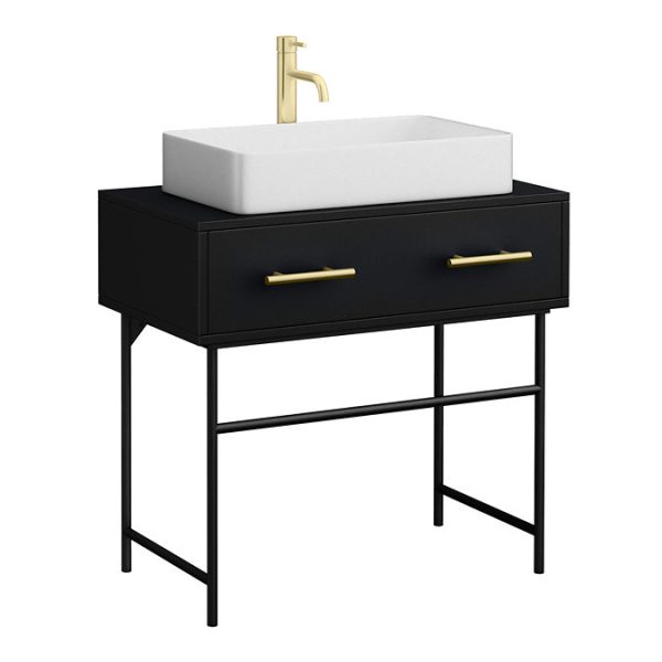 Gatsby Matt Black 800 Drawer Countertop Vanity Unit with Brushed Brass Handles & Rectangular Basin - Image 3