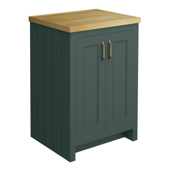 Chatsworth 610mm Traditional Green Countertop Vanity with Beech Worktop & Antique Brass Handles