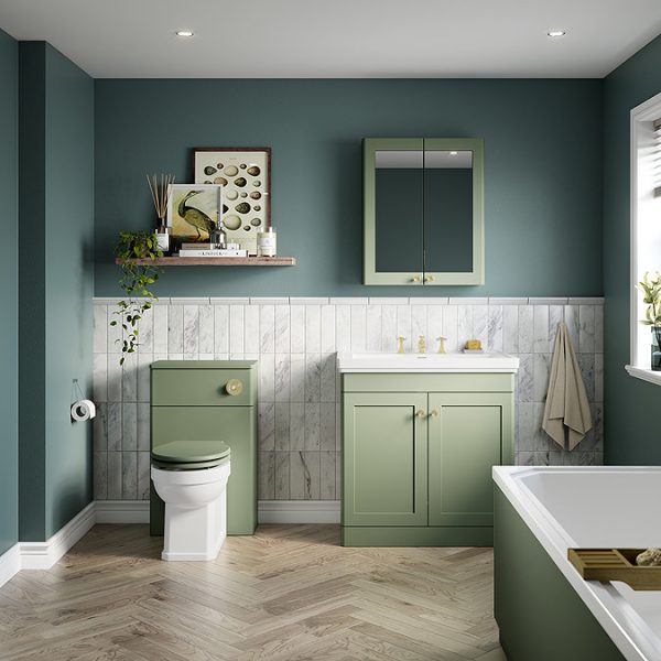 Roxbury Traditional 600mm Satin Green Mirror Cabinet with Brushed Brass Handles - Image 3