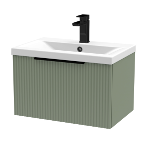 Venice Fluted 600mm Green Vanity Unit   Wall Hung Single Drawer Unit with Matt Black Handle