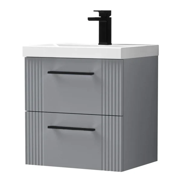 Roxbury Deco Fluted 500mm Grey Vanity Unit   Wall Hung 2 Drawer Unit with Matt Black Handles