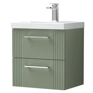 Roxbury Deco Fluted 500mm Green Vanity Unit   Wall Hung 2 Drawer Unit & Chrome Handles