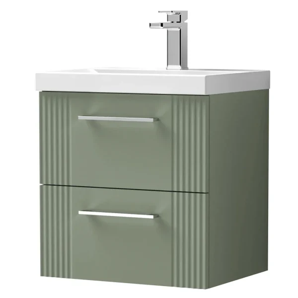 Roxbury Deco Fluted 500mm Green Vanity Unit   Wall Hung 2 Drawer Unit & Chrome Handles