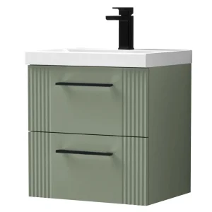 Roxbury Deco Fluted 500mm Green Vanity Unit   Wall Hung 2 Drawer Unit with Matt Black Handles