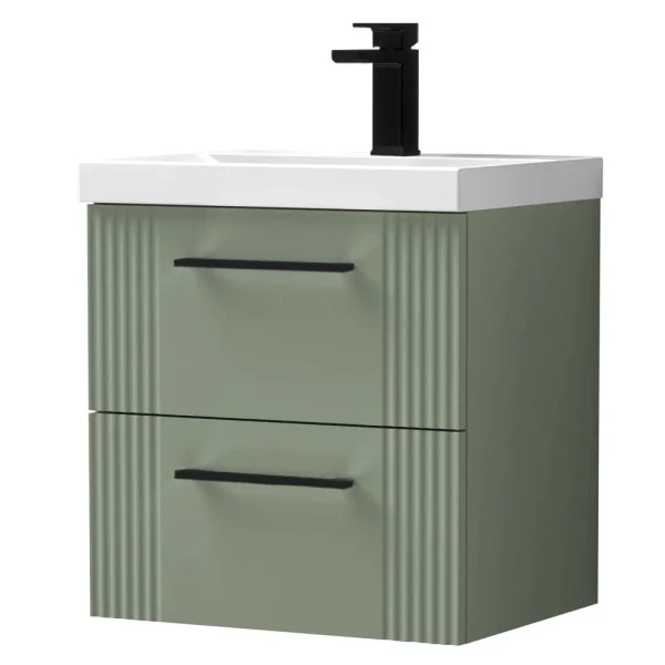 Roxbury Deco Fluted 500mm Green Vanity Unit   Wall Hung 2 Drawer Unit with Matt Black Handles