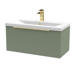 Venice Fluted 800mm Green Vanity Unit   Wall Hung Single Drawer Unit with Brushed Brass Handle