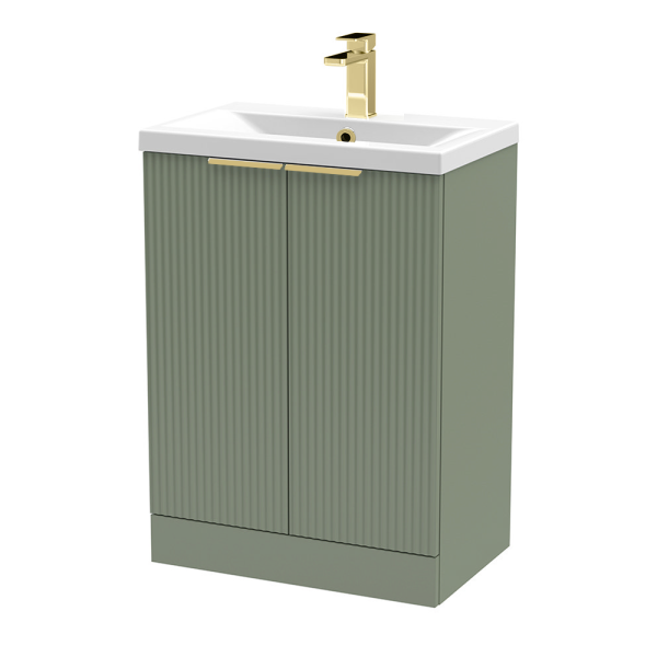 Venice Fluted 600mm Green Vanity Unit   Floor Standing 2 Door Unit with Brushed Brass Handles