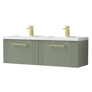 Roxbury Deco Fluted 1200mm Green Double Basin Vanity Unit   Wall Hung 2 Drawer Unit with Brushed Brass Handles