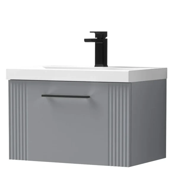 Roxbury Deco Fluted 600mm Grey Vanity Unit   Wall Hung 1 Drawer Unit with Matt Black Handle