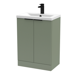 Venice Fluted 600mm Green Vanity Unit   Floor Standing 2 Door Unit with Matt Black Handles