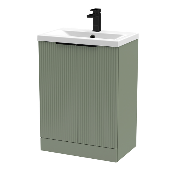 Venice Fluted 600mm Green Vanity Unit   Floor Standing 2 Door Unit with Matt Black Handles