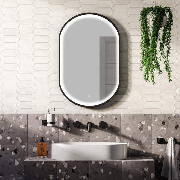 Huxley Matt Black Lozenge LED Mirror with Anti Fog, Touch Control & Colour Changing Light