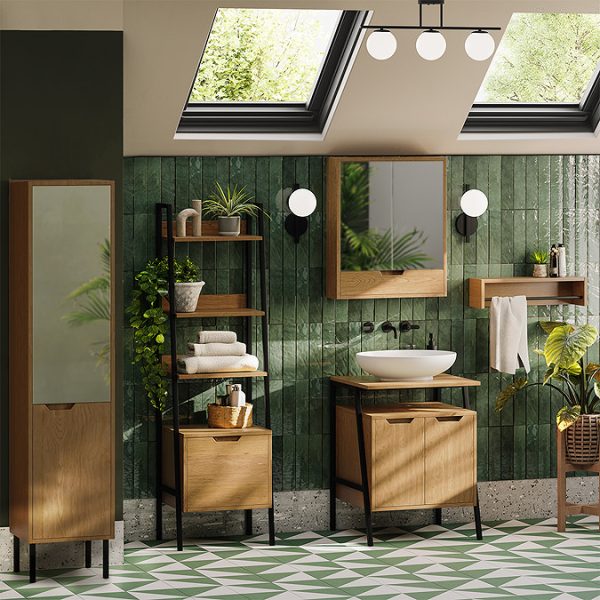 Huxley Oak & Matt Black 600mm Countertop Vanity Unit with Oval Matt White Basin - Image 9