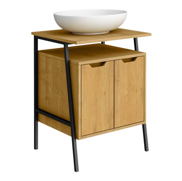 Huxley Oak & Matt Black 600mm Countertop Vanity Unit with Oval Matt White Basin - Image 8