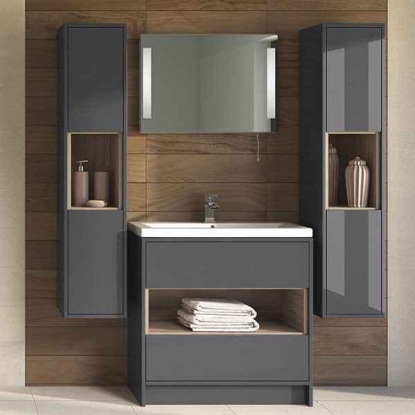 Haywood 800mm Gloss Grey / Driftwood 2 Drawer Vanity Unit with Open Shelf + Ceramic Basin - Image 2