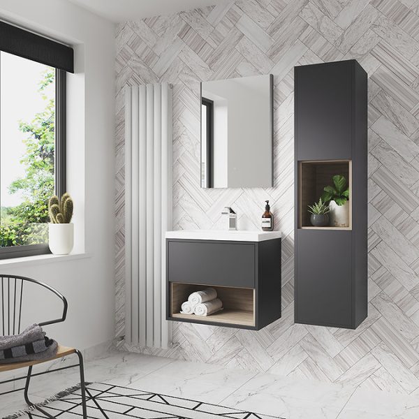 Haywood 600mm Gloss Grey / Driftwood Wall Hung Vanity Unit with Open Shelf + Ceramic Basin - Image 2