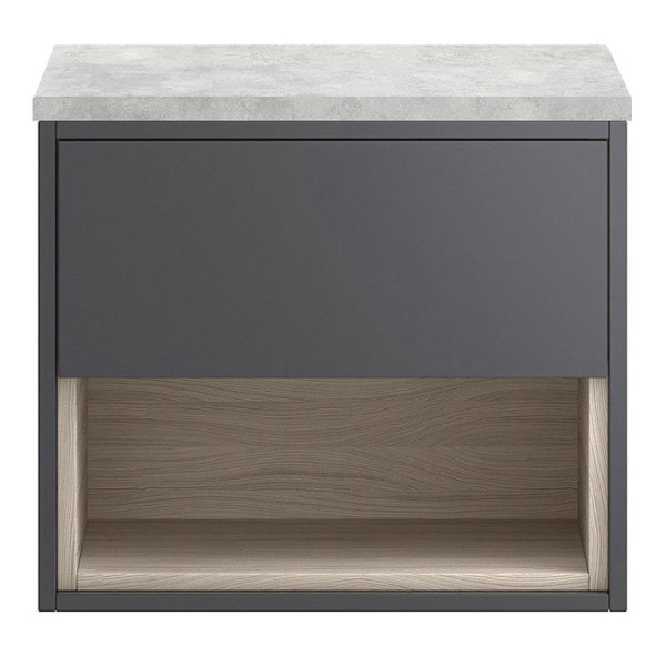 Haywood Gloss Grey / Driftwood Wall Hung Countertop Vanity   600mm w. Open Shelf + Bellato Grey Worktop - Image 3