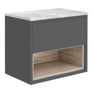 Haywood Gloss Grey / Driftwood Wall Hung Countertop Vanity   600mm w. Open Shelf + Bellato Grey Worktop