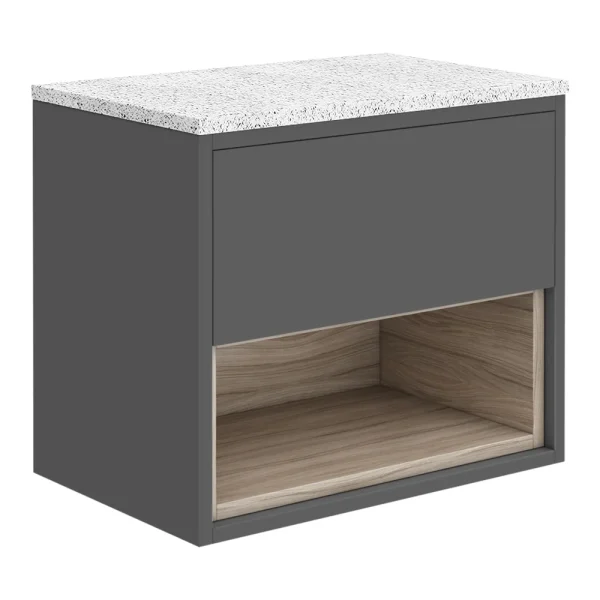 Haywood Gloss Grey / Driftwood Wall Hung Countertop Vanity   600mm w. Open Shelf + White Worktop